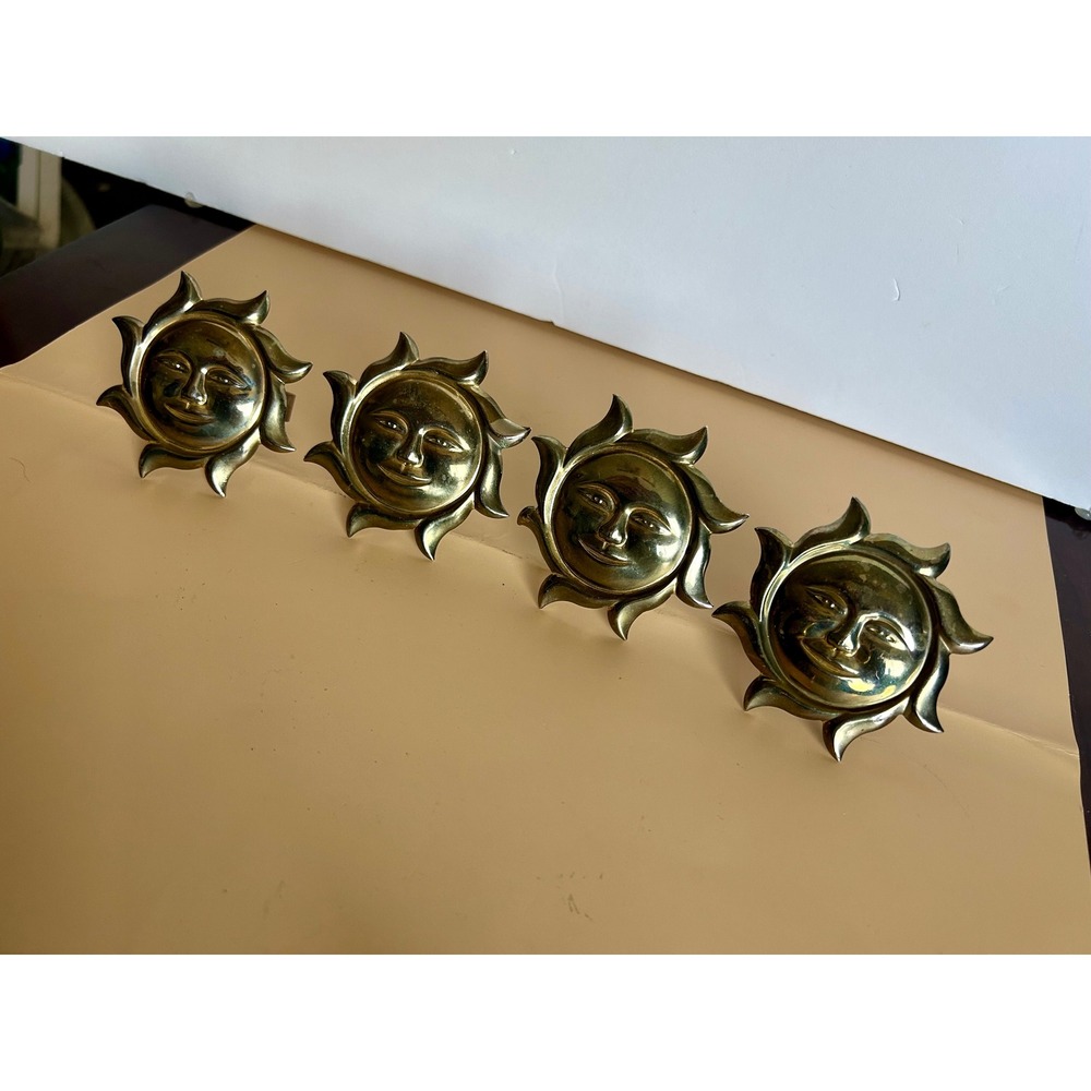 Vintage Celestial Sun Face Napkin Rings Gold Tone Brass Style Set of 4
